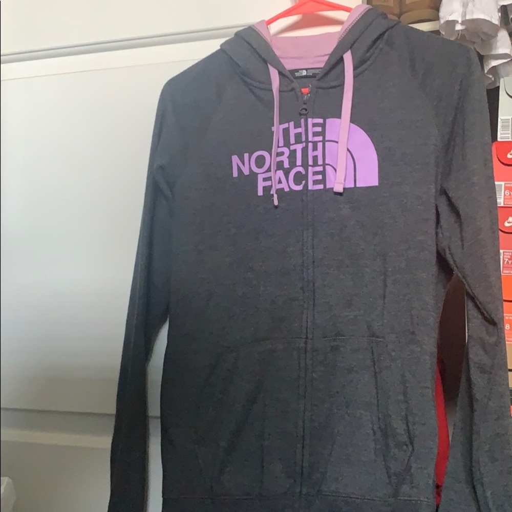 grey and purple NORTH FACE zip up